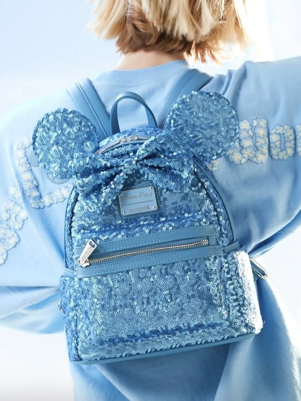 Disney Parks Loungefly Minnie Mouse Hydrangea Blue Sequin Mini Backpack - Picture 1 of 11